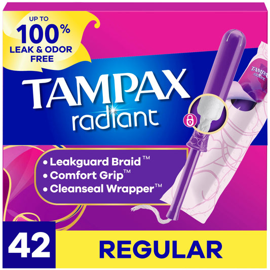 Tampax Radiant paquete frontal mostrando cantidad 42 y colores