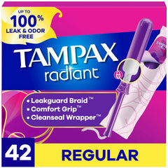 Tampax Radiant paquete frontal mostrando cantidad 42 y colores