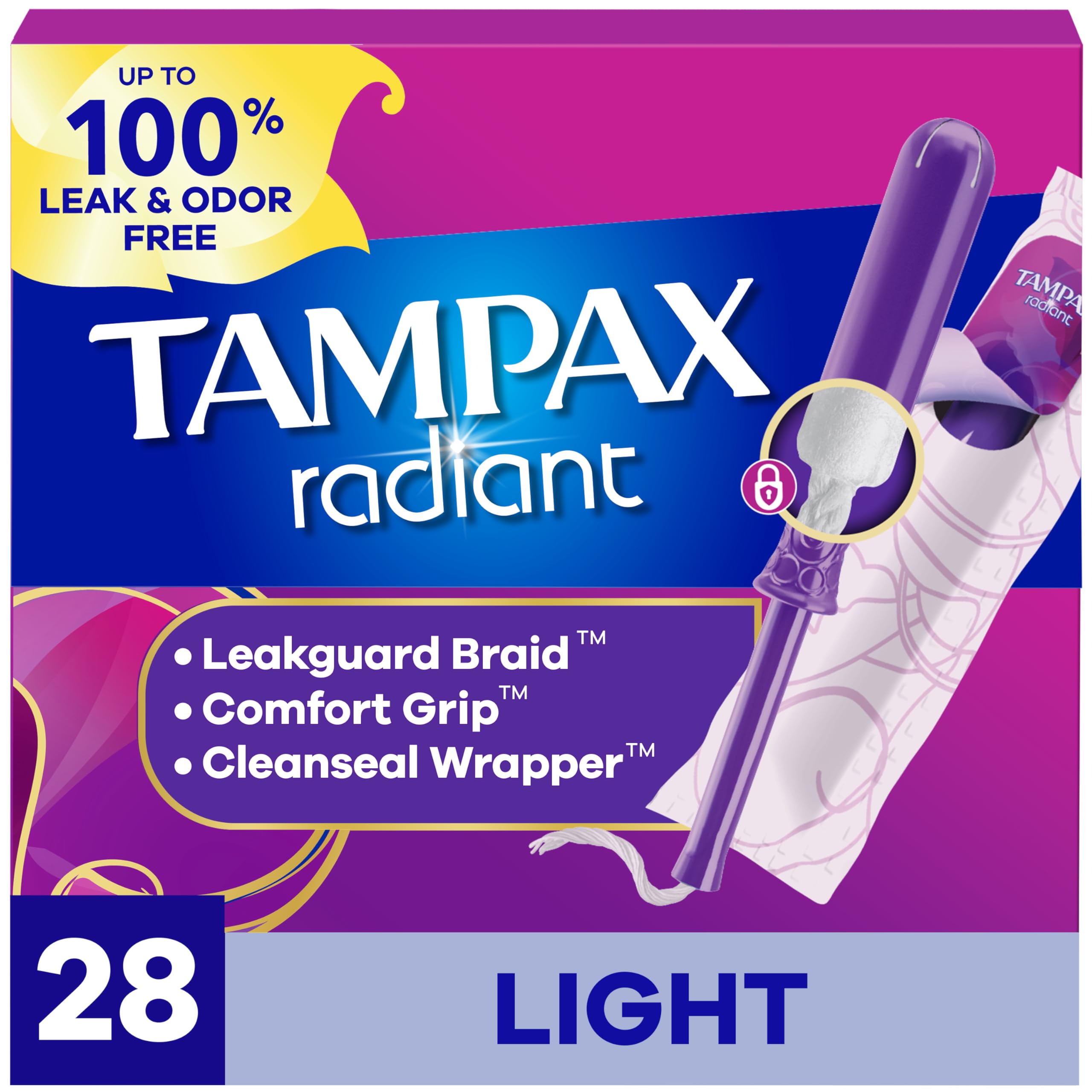 Tampax Radiant frente del empaque mostrando cantidad y diseño, protección confiable