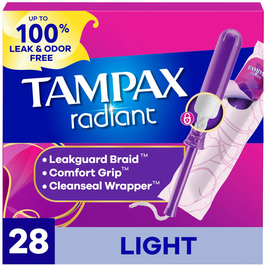 Tampax Radiant frente del empaque mostrando cantidad y diseño, protección confiable