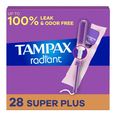 Tampax Radiant frente del paquete, muestra protección y cantidad