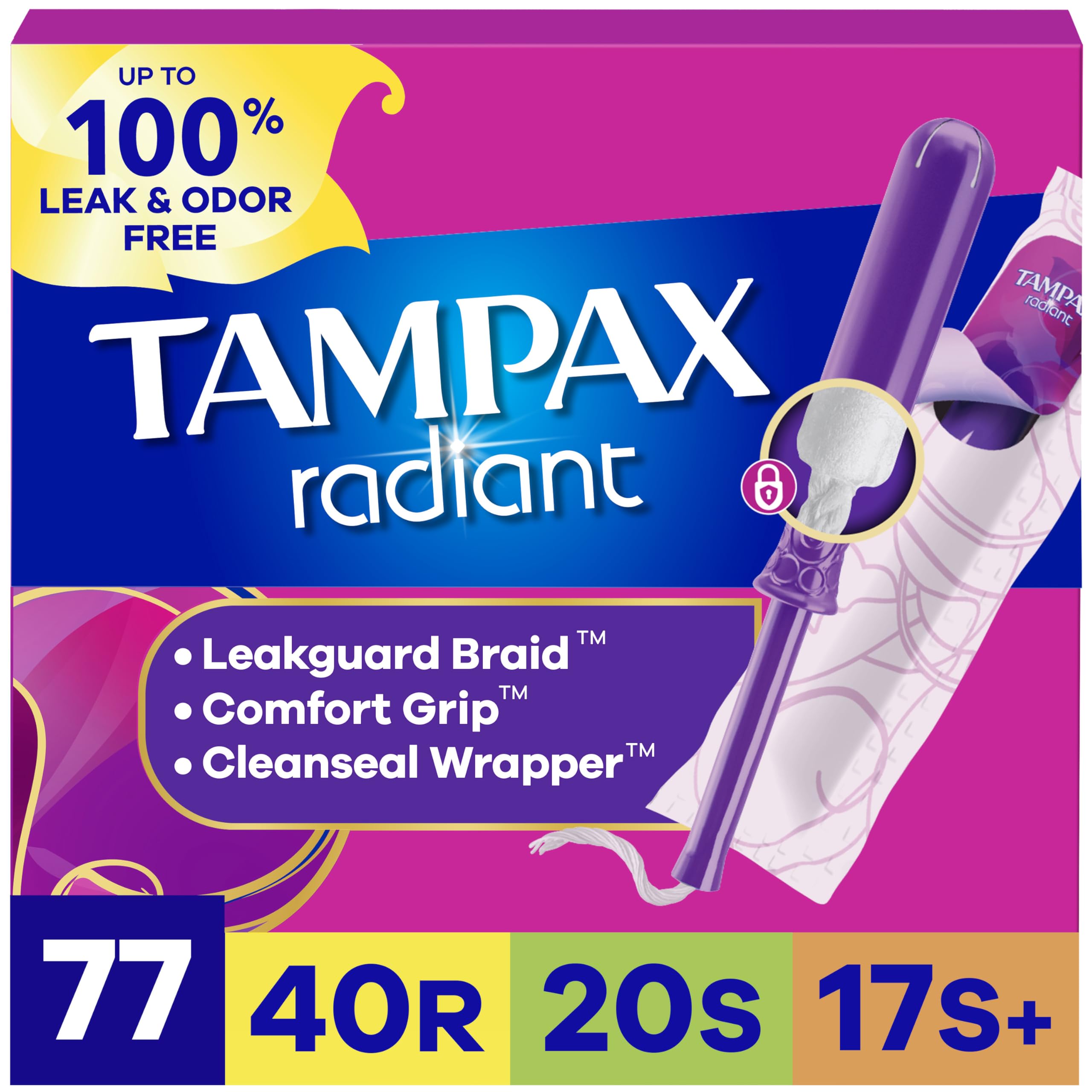 Tampax Radiant caja frontal mostrando el multipack y beneficios