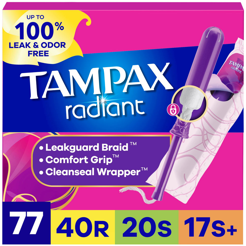 Tampax Radiant caja frontal mostrando el multipack y beneficios