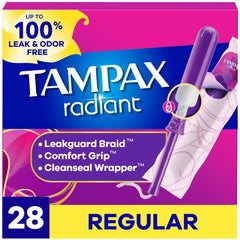 Tampax Radiant vista frontal de la caja mostrando marca y cantidad