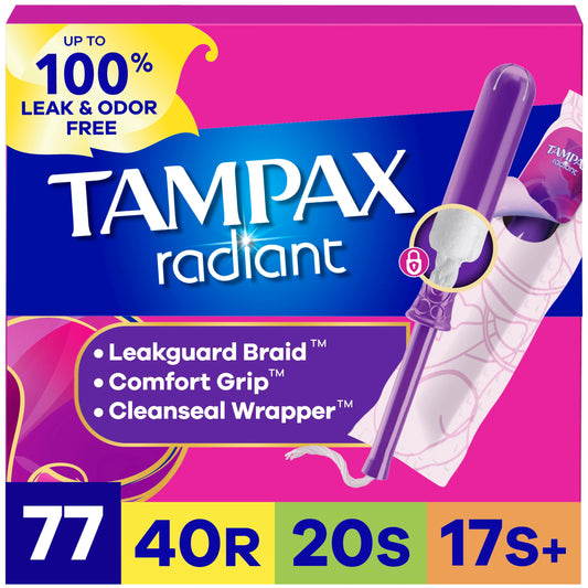 Tampax Radiant caja frontal mostrando el multipack y beneficios