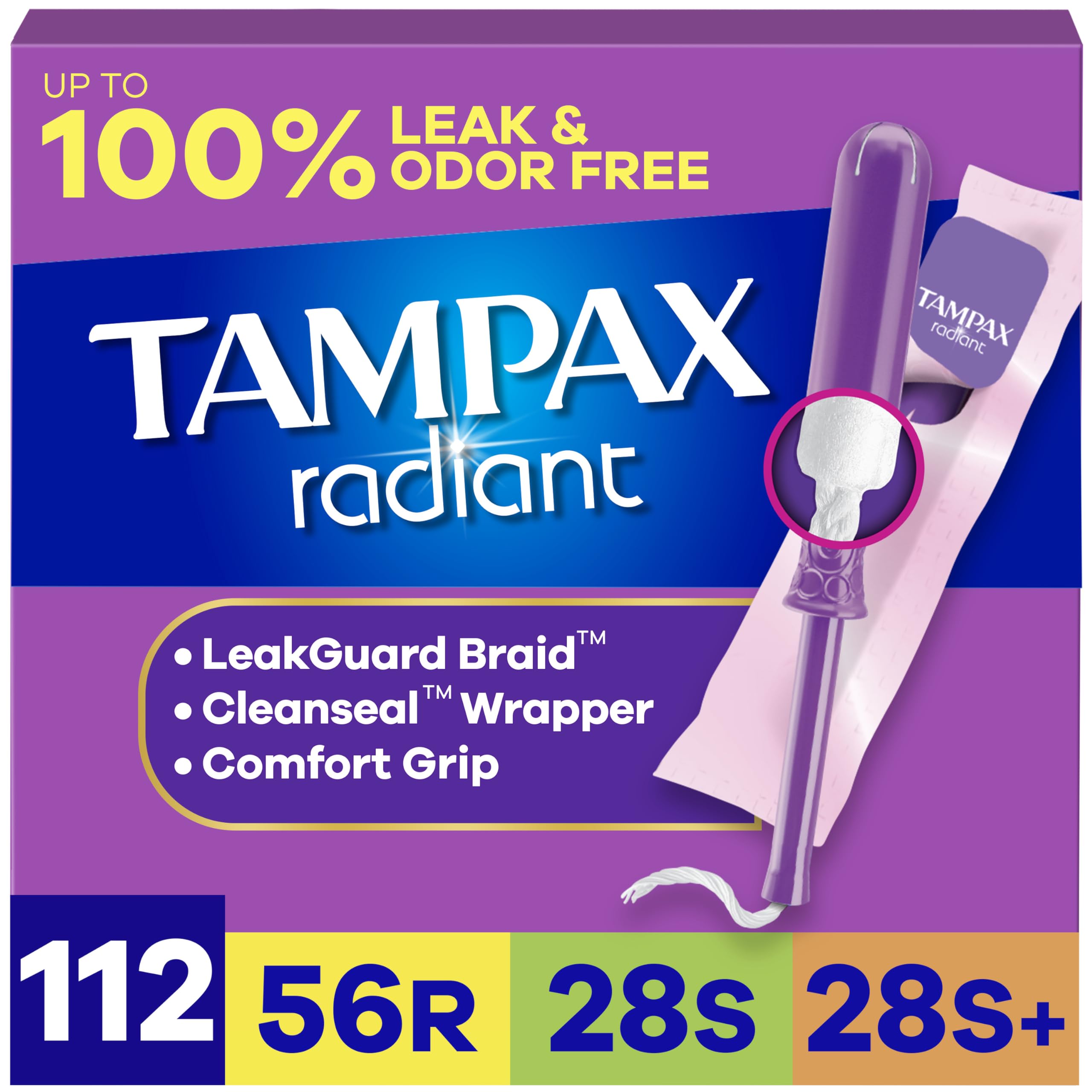 Tampax Radiant empaque frontal mostrando cantidad y absorbencias - protección confiable