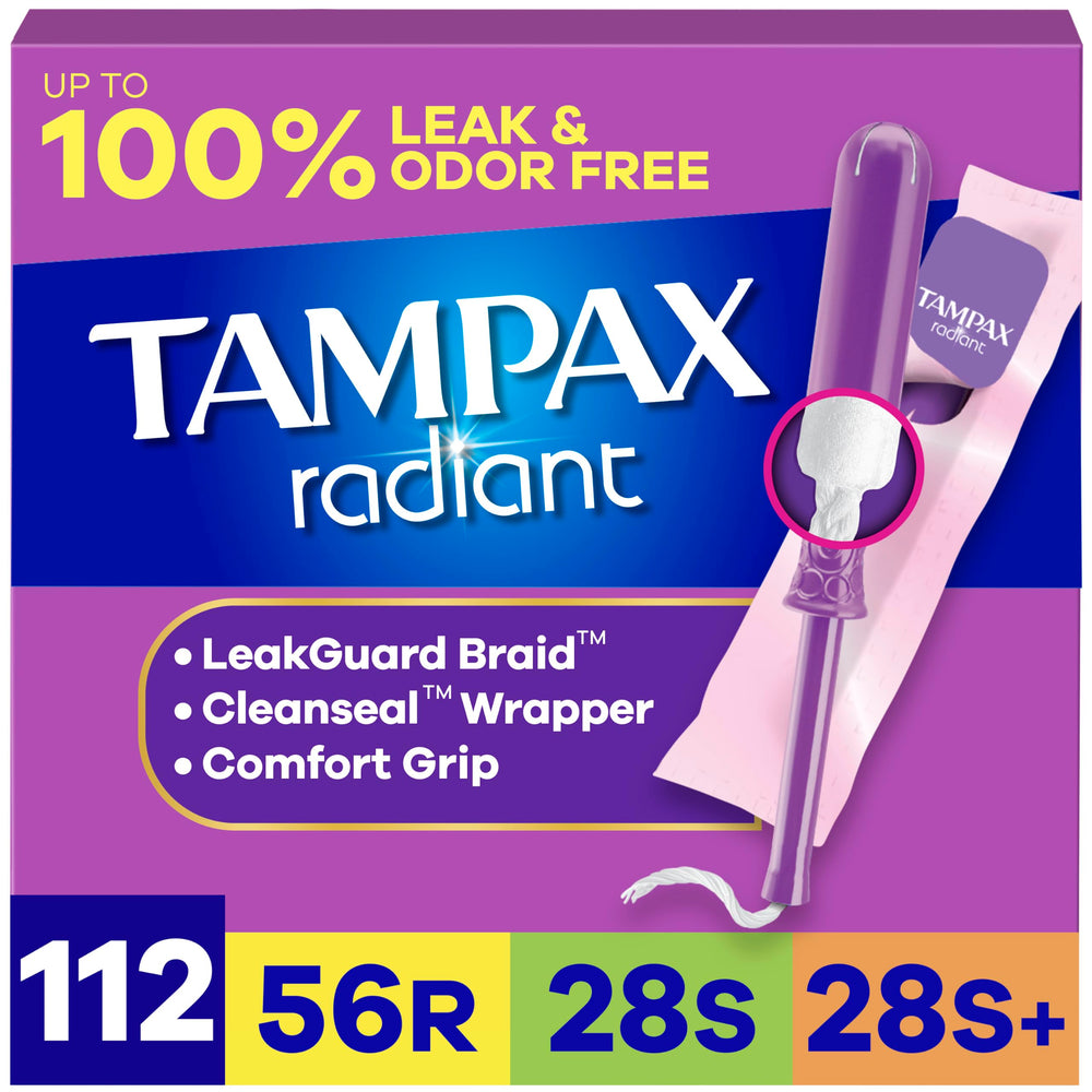 Tampax Radiant empaque frontal mostrando cantidad y absorbencias - protección confiable