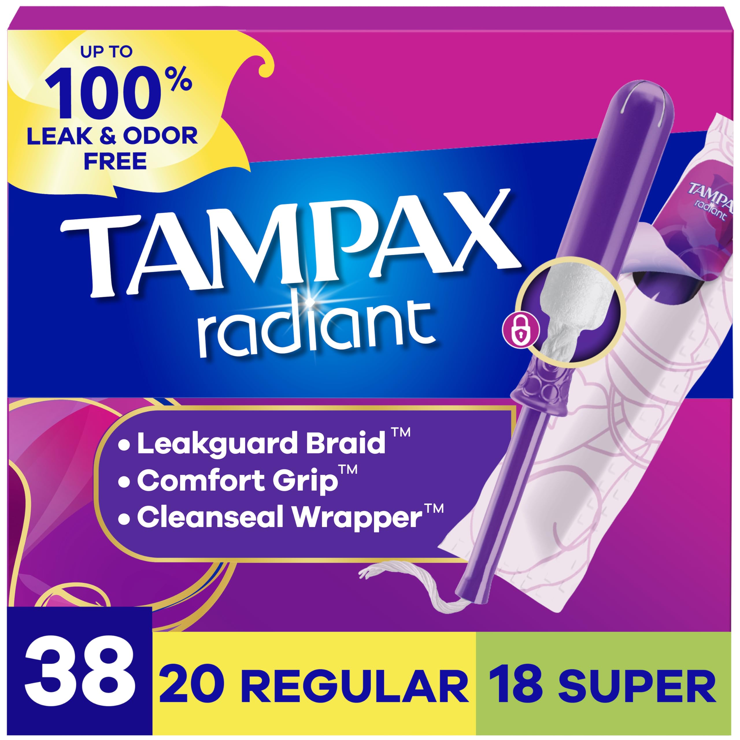 Tampax Radiant empaque frontal que muestra cantidad y beneficios