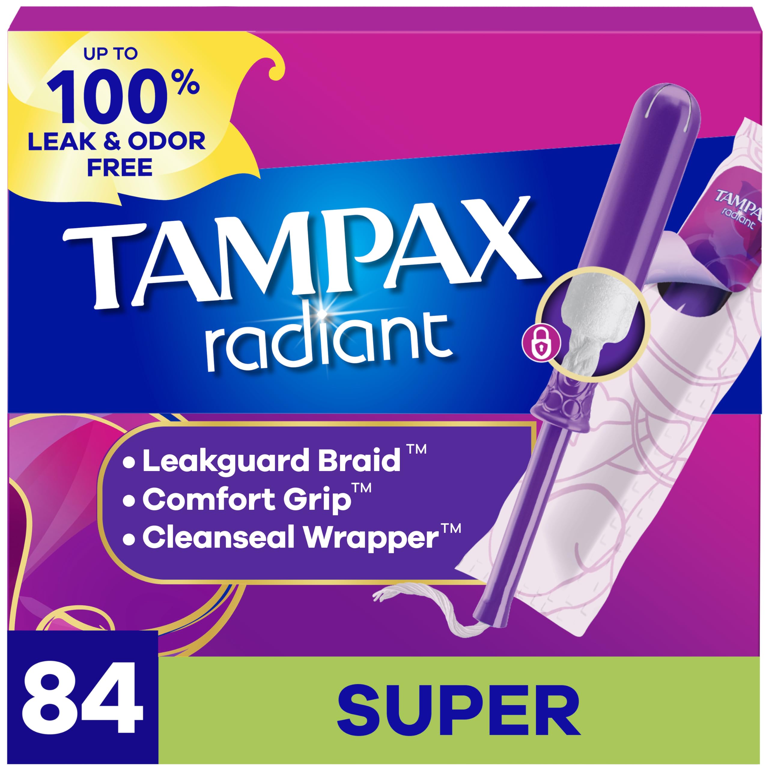 Tampax Radiant frontal del empaque mostrando contenido y beneficios