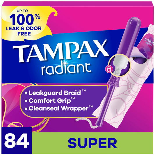 Tampax Radiant frontal del empaque mostrando contenido y beneficios