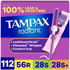 Tampax Radiant empaque frontal mostrando cantidad y absorbencias - protección confiable