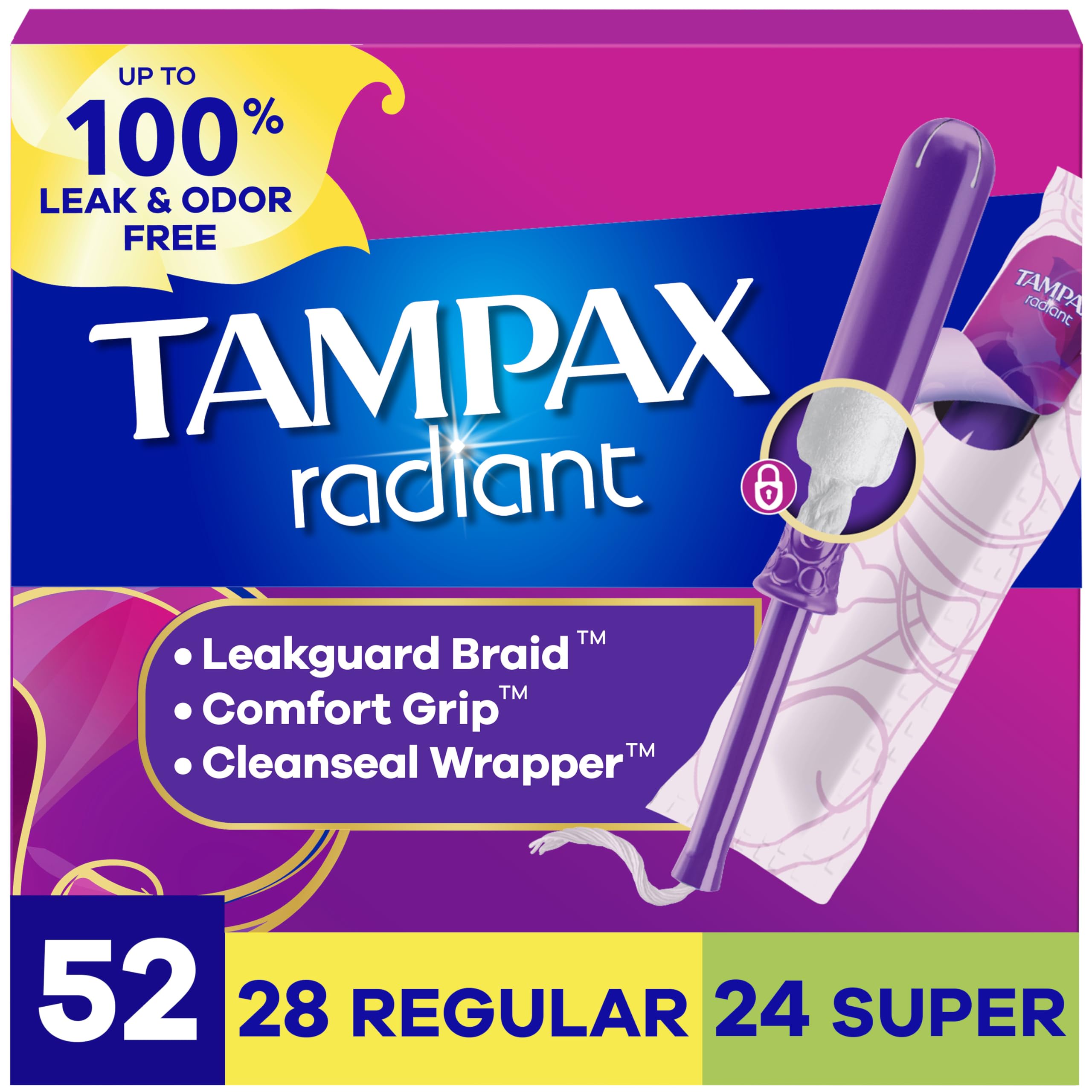 Tampax Radiant frontal del paquete mostrando cantidad y diseño, confianza visual