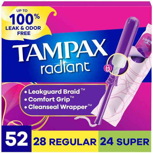 Tampax Radiant frontal del paquete mostrando cantidad y diseño, confianza visual