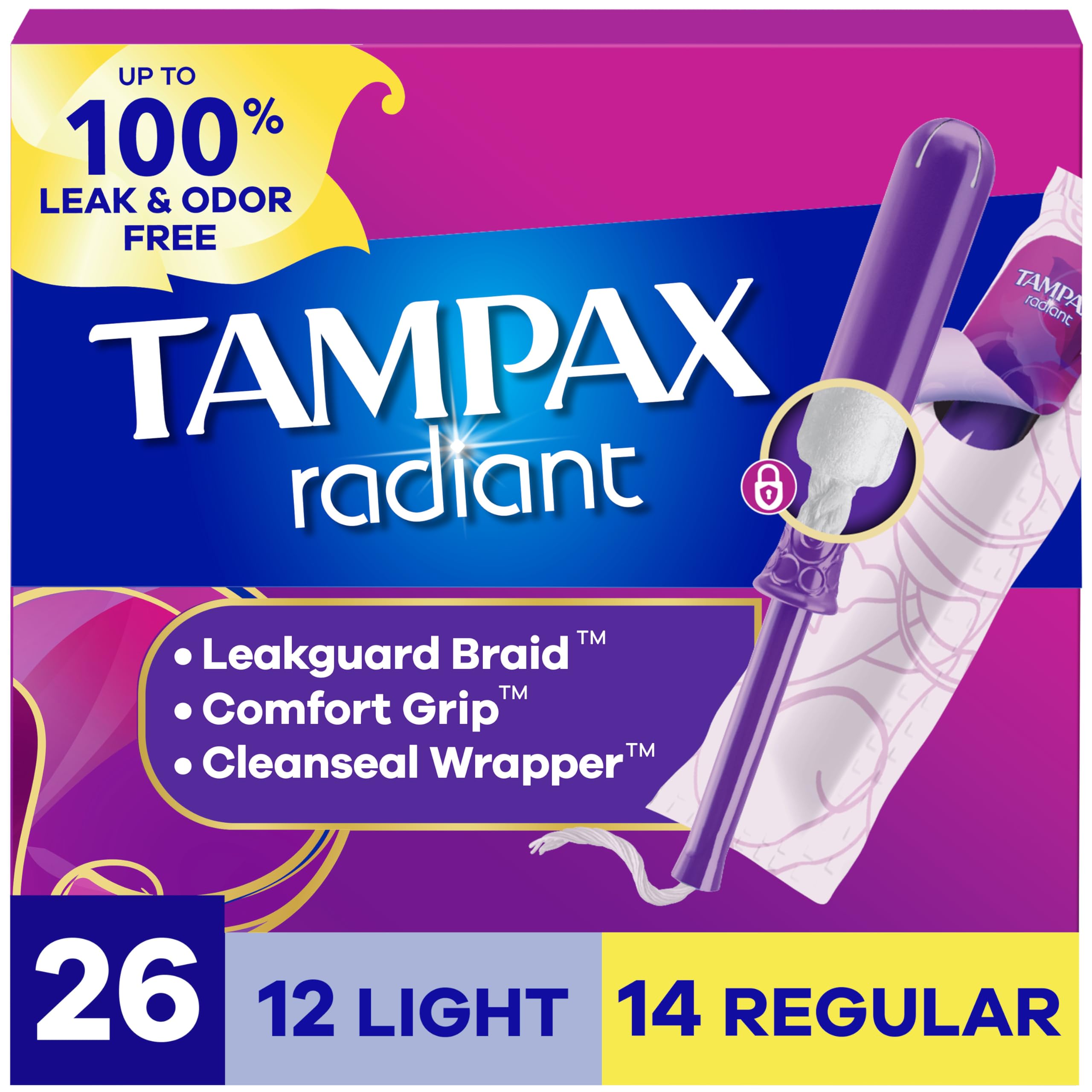 Tampax Radiant frontal del empaque mostrando cantidad y beneficios