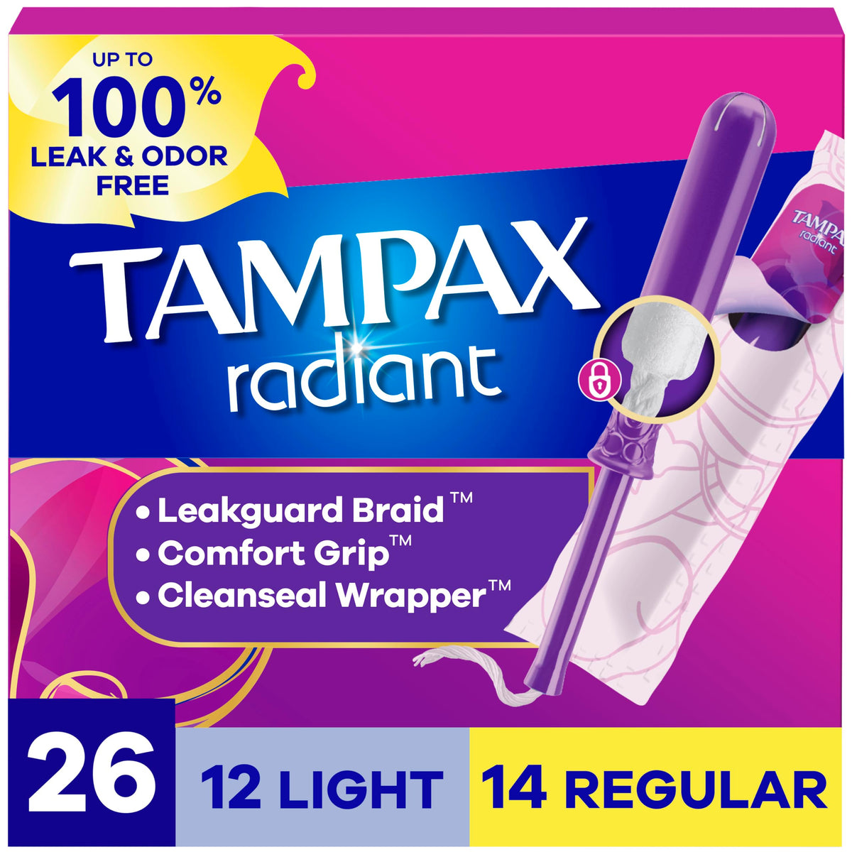 Tampax Radiant frontal del empaque mostrando cantidad y beneficios