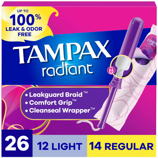 Tampax Radiant frontal del empaque mostrando cantidad y beneficios
