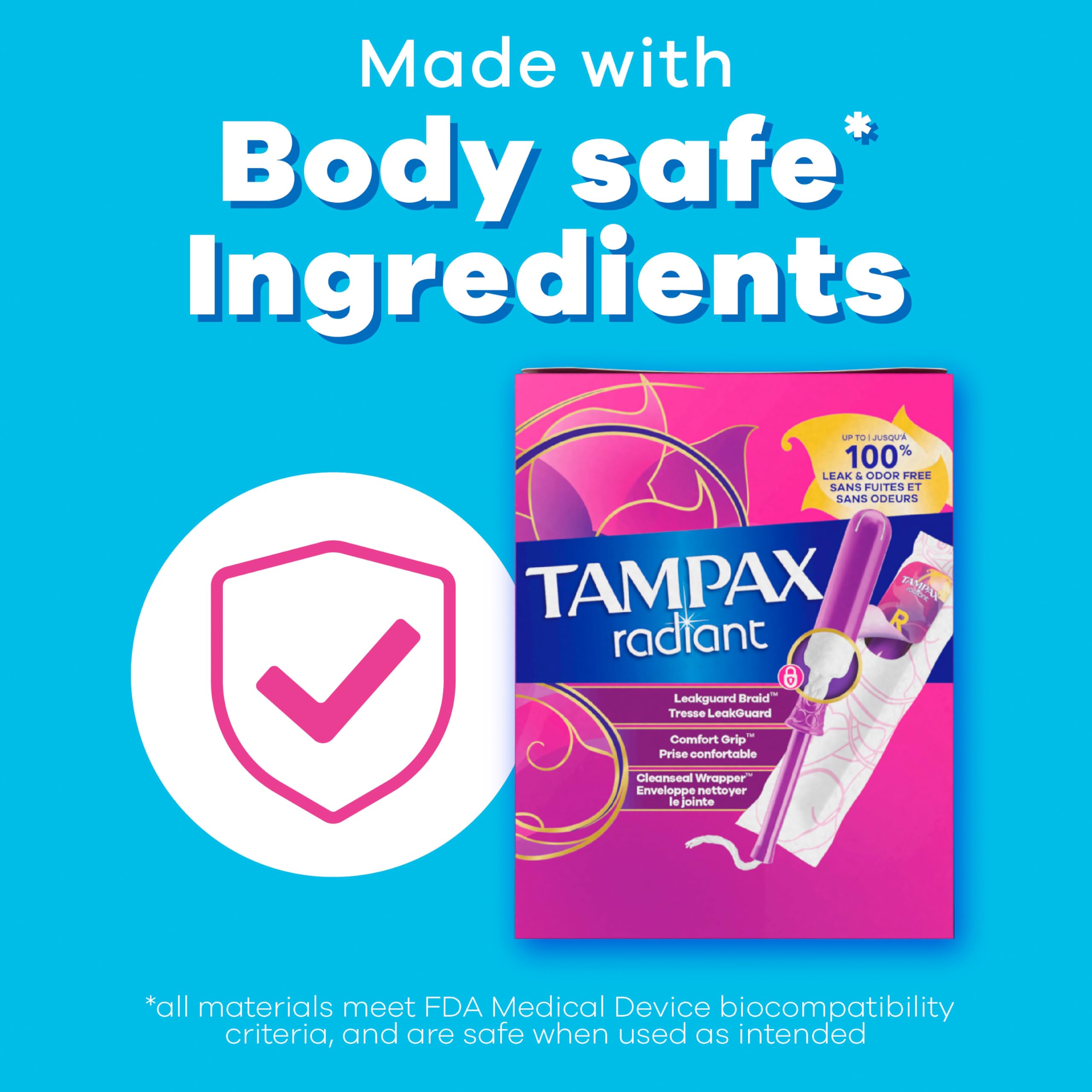 Tampax Radiant presentación con caja reciclable y certificación OEKO‑TEX