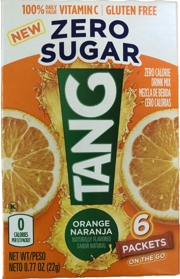 Tang On The Go! paquete frontal mostrando sobres fáciles de abrir y conveniencia