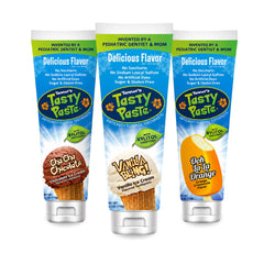 Tanner's Tasty Paste pack frontal mostrando los tres sabores y beneficios