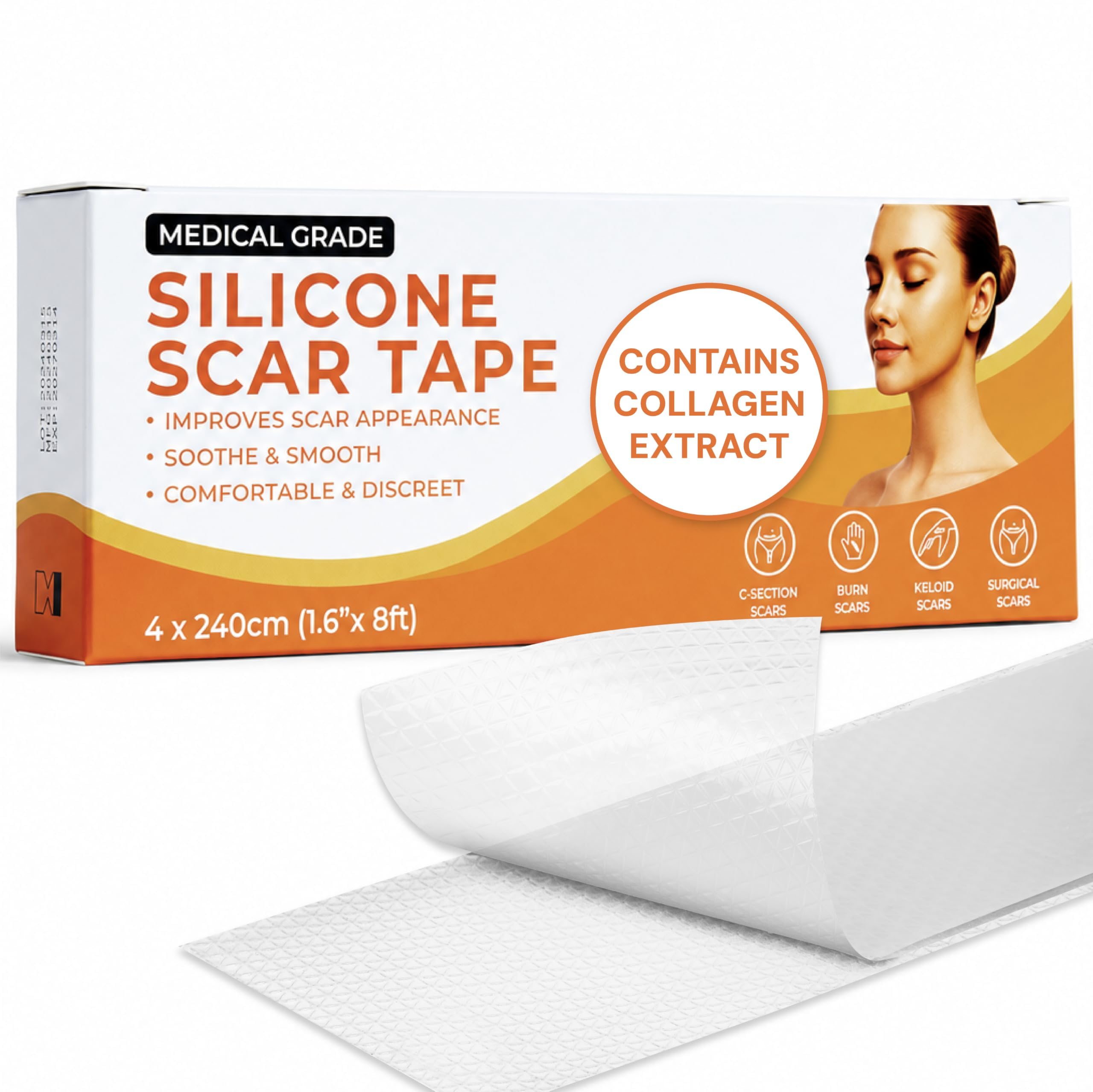 Target Control empaque frontal mostrando láminas de silicona y colágeno para cicatrices