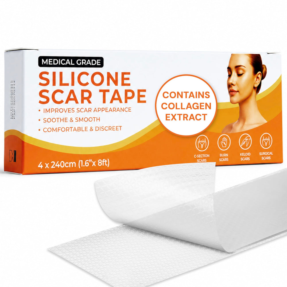 Target Control empaque frontal mostrando láminas de silicona y colágeno para cicatrices
