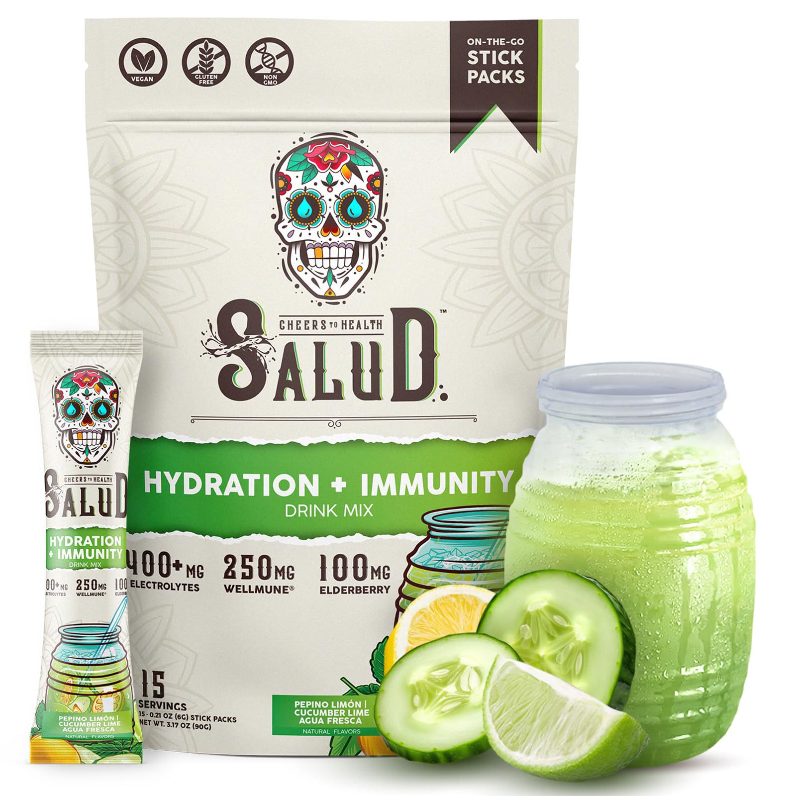 Taste Salud empaque frontal pepino lima que destaca beneficios 2-en-1