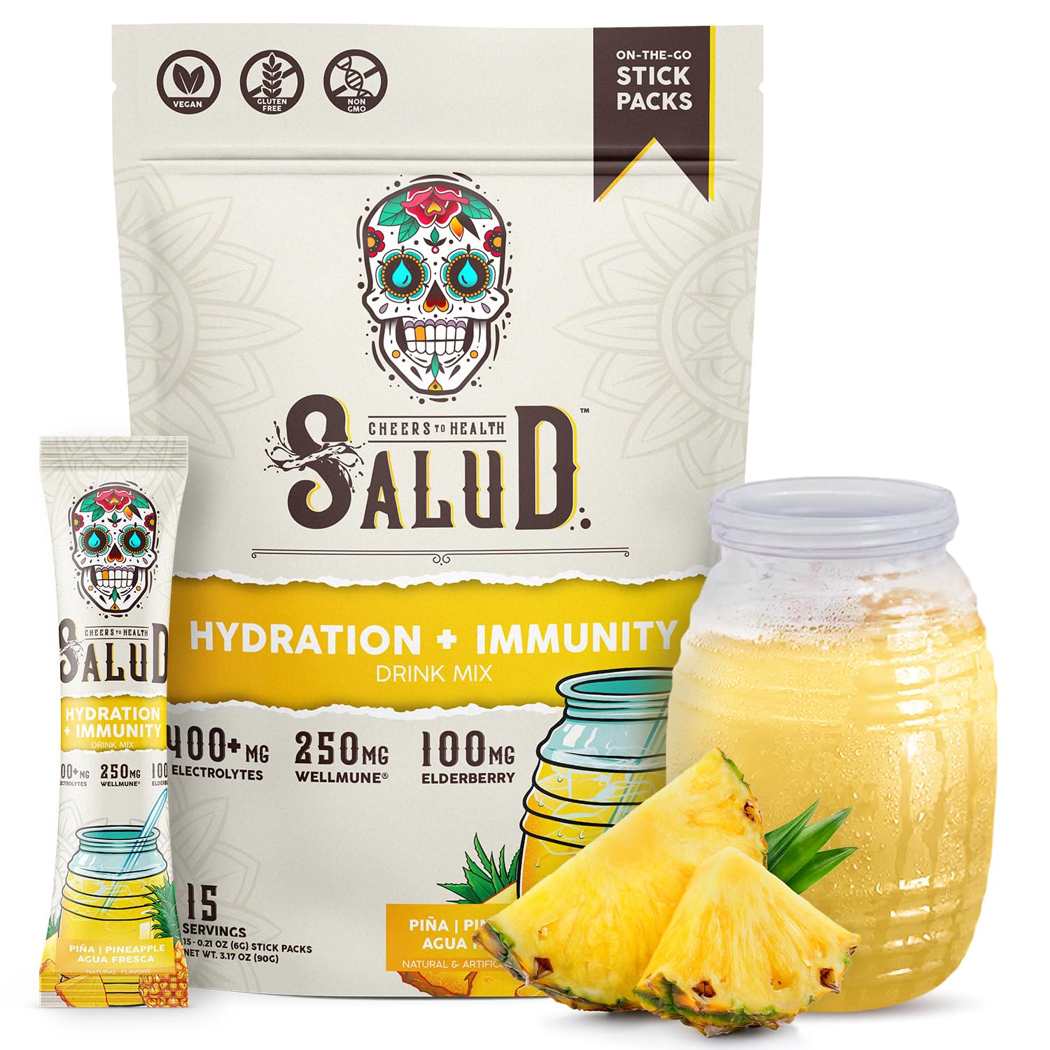 Taste Salud empaque frontal piña, presentación clara y portátil