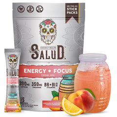 Taste Salud empaque frontal mostrando sabor Peach Lemonade y beneficios energéticos