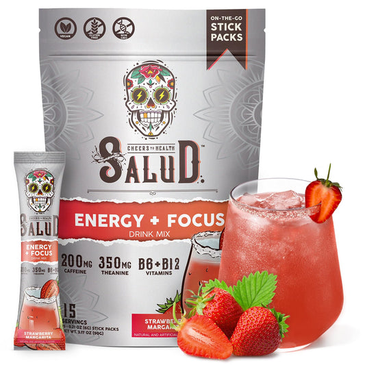 Taste Salud frente del empaque mostrando 15 servicios y sabor fresa margarita beneficios prácticos