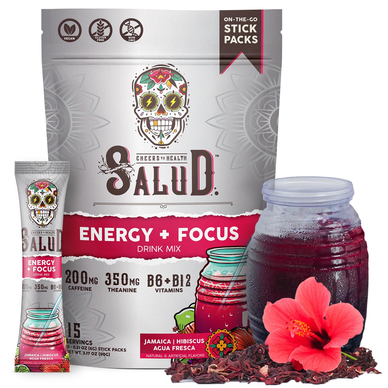 Taste Salud empaque frontal mostrando sobres y sabor hibisco para energía rápida