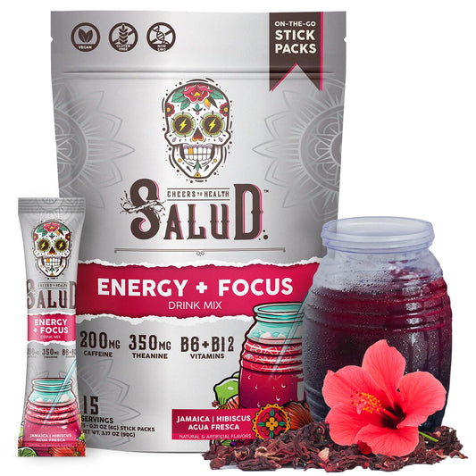 Taste Salud empaque frontal mostrando sobres y sabor hibisco para energía rápida