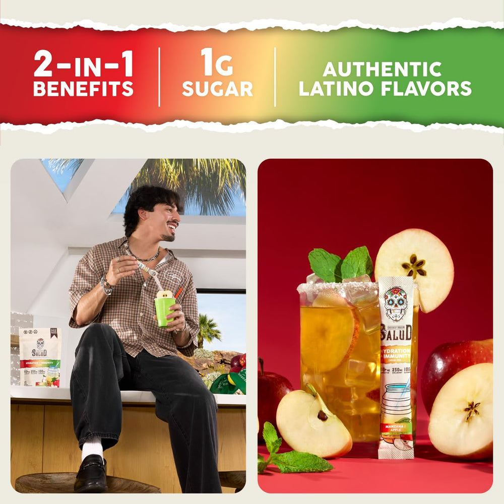 Taste Salud sobre abierto mostrando polvo color manzana y textura fina