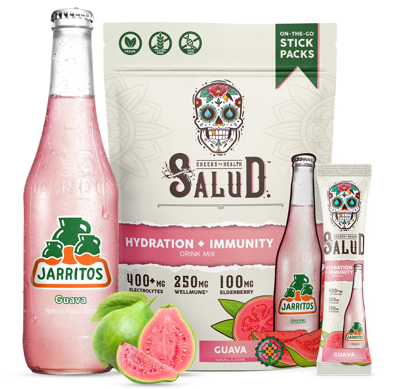 Taste Salud sobre frontal mostrando diseño Jarritos y atractivo visual de guayaba, conveniente para llevar