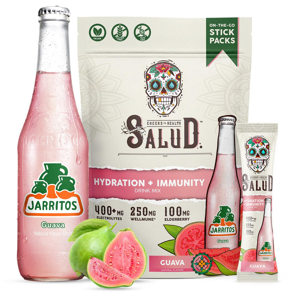 Taste Salud sobre frontal mostrando diseño Jarritos y atractivo visual de guayaba, conveniente para llevar