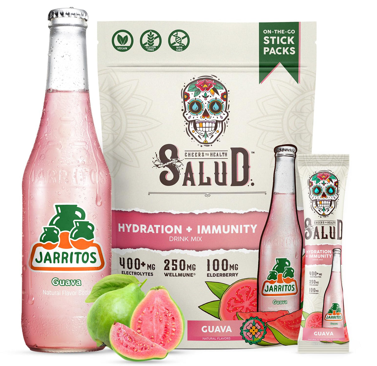Taste Salud sobre frontal mostrando diseño Jarritos y atractivo visual de guayaba, conveniente para llevar