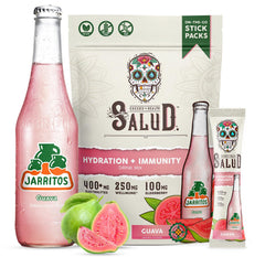 Taste Salud sobre frontal mostrando diseño Jarritos y atractivo visual de guayaba, conveniente para llevar
