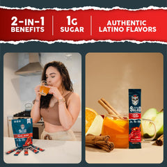 Taste Salud sticks dispersos sobre mesa, sobres individuales listos para usar