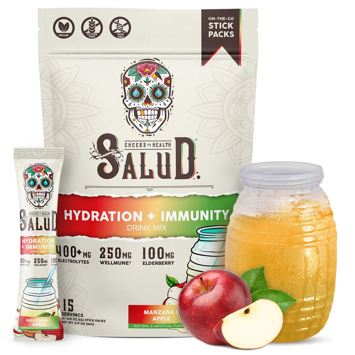 Taste Salud paquete frontal que muestra sticks prácticos y beneficios de hidratación