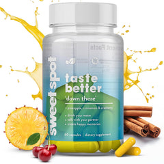 TASTE THE SWEET SPOT frasco frente mostrando 60 cápsulas y diseño claro