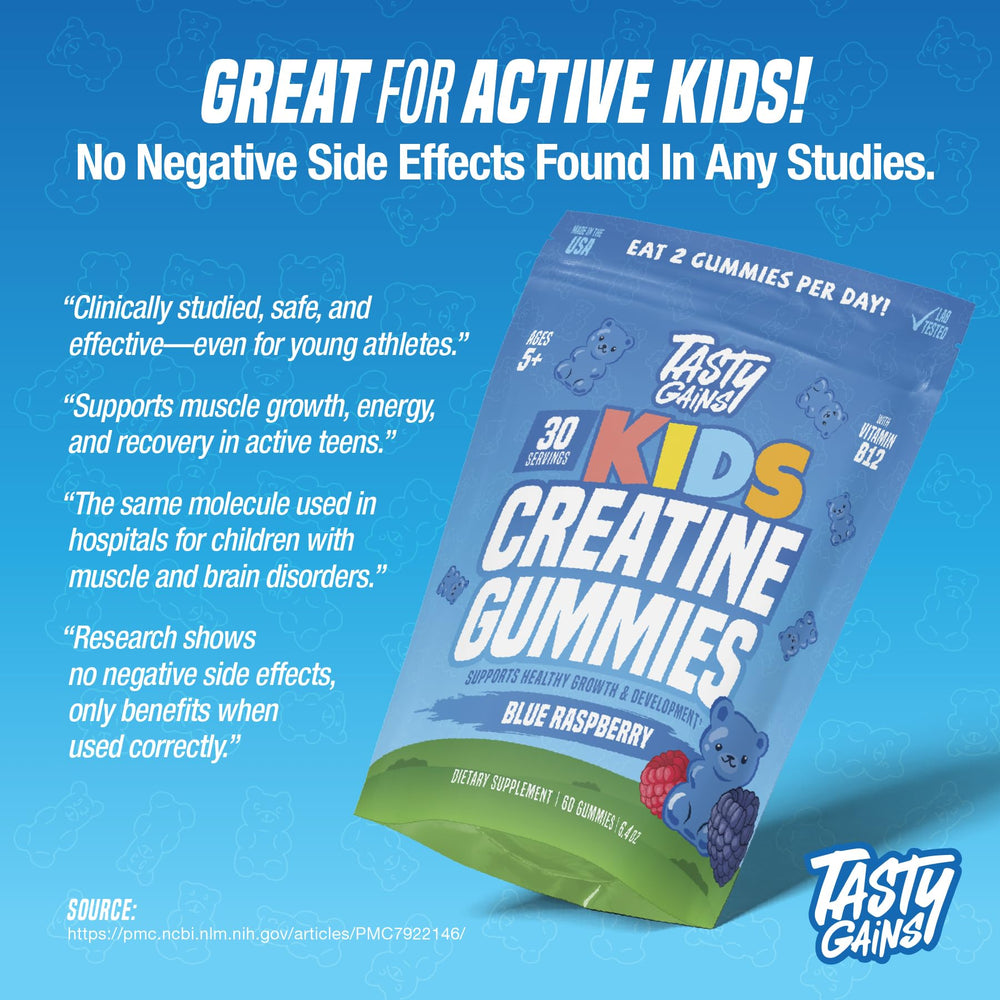 TASTY GAINS niño deportista tomando una gomita antes del juego