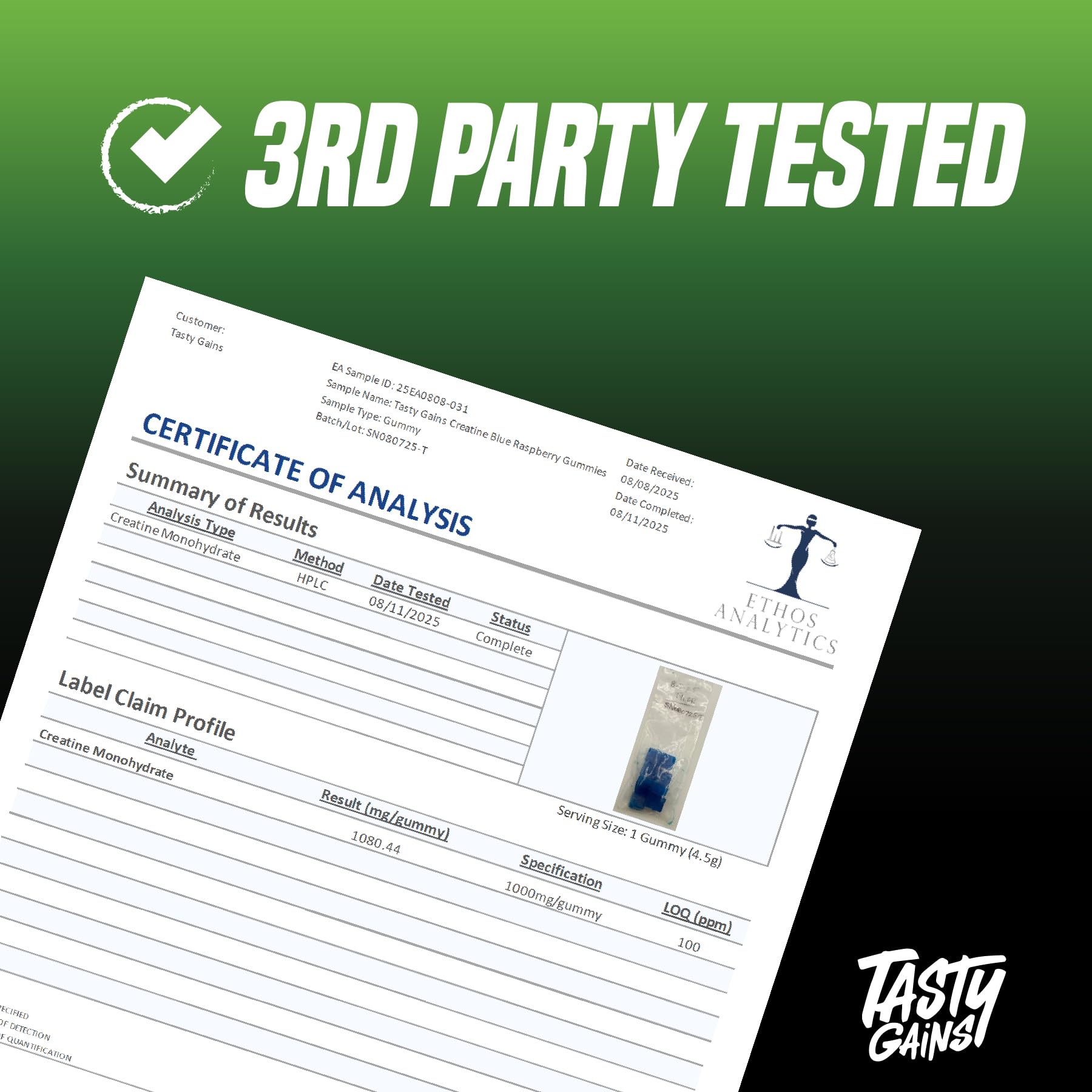 TASTY GAINS frasco abierto con gominolas dispersas demostrando almacenamiento fácil