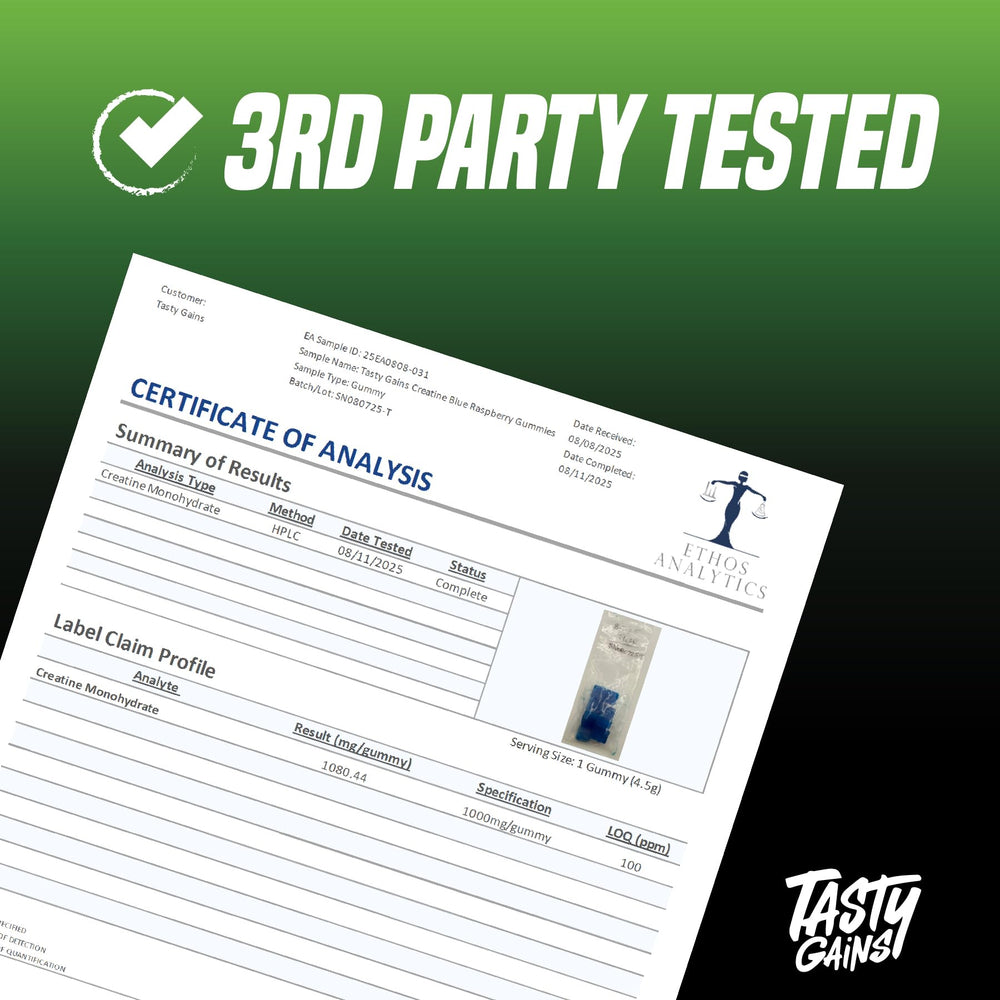 TASTY GAINS frasco abierto con gominolas dispersas demostrando almacenamiento fácil