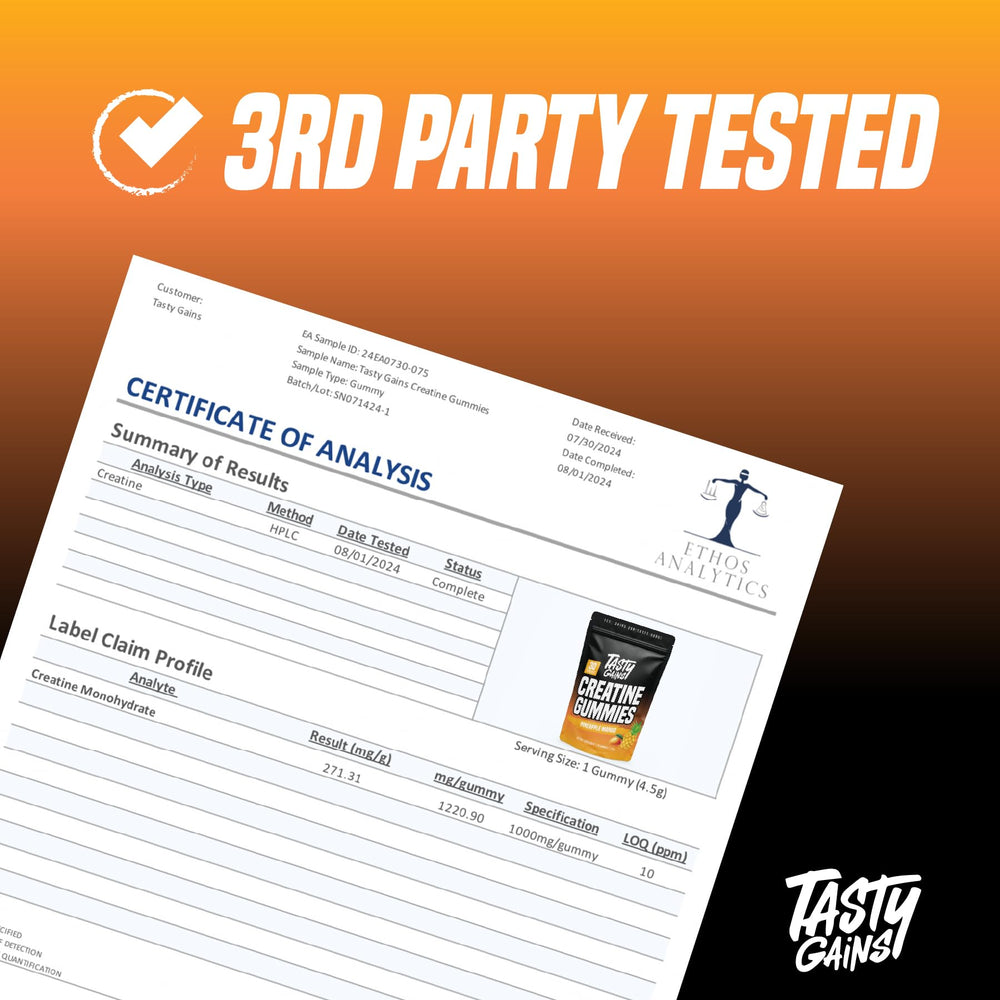 TASTY GAINS envase abierto con gomitas visibles, conveniencia de uso