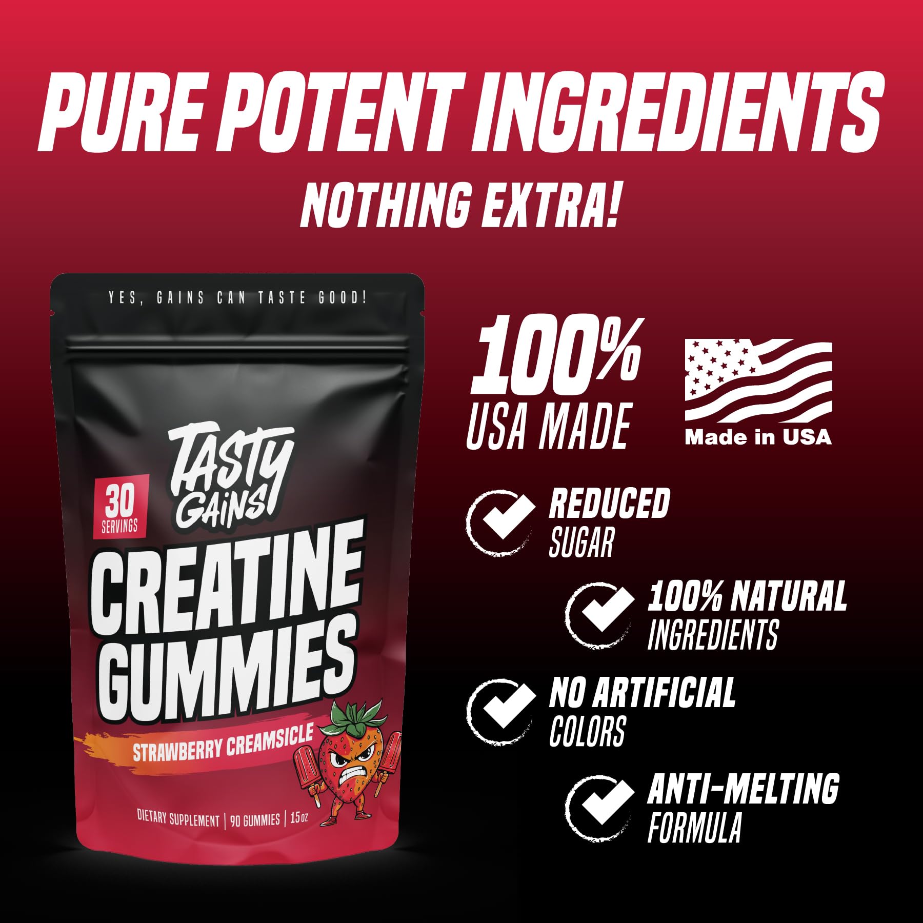 TASTY GAINS etiqueta de ingredientes destacando creatina y origen USA