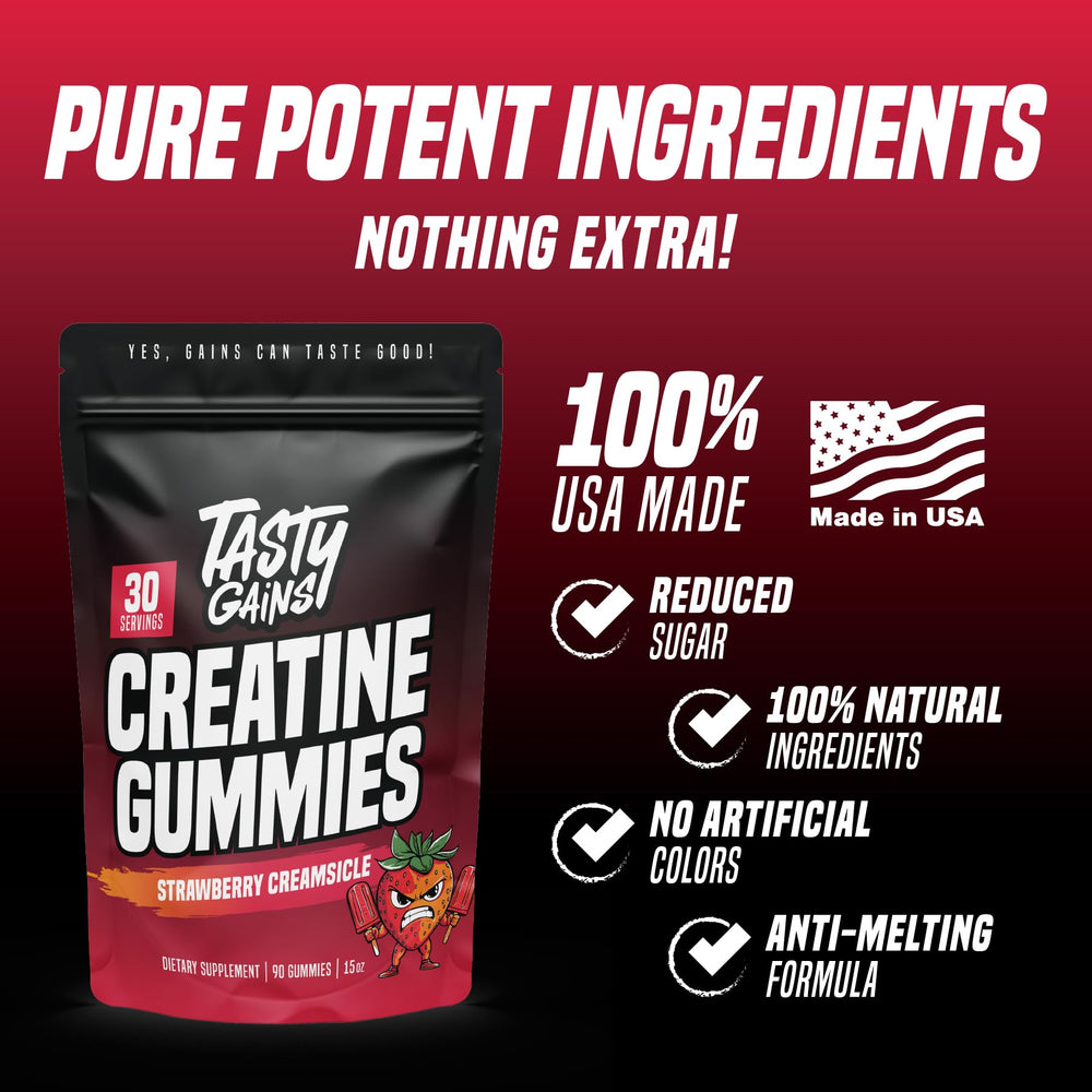 TASTY GAINS etiqueta de ingredientes destacando creatina y origen USA