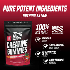 TASTY GAINS etiqueta de ingredientes destacando creatina y origen USA