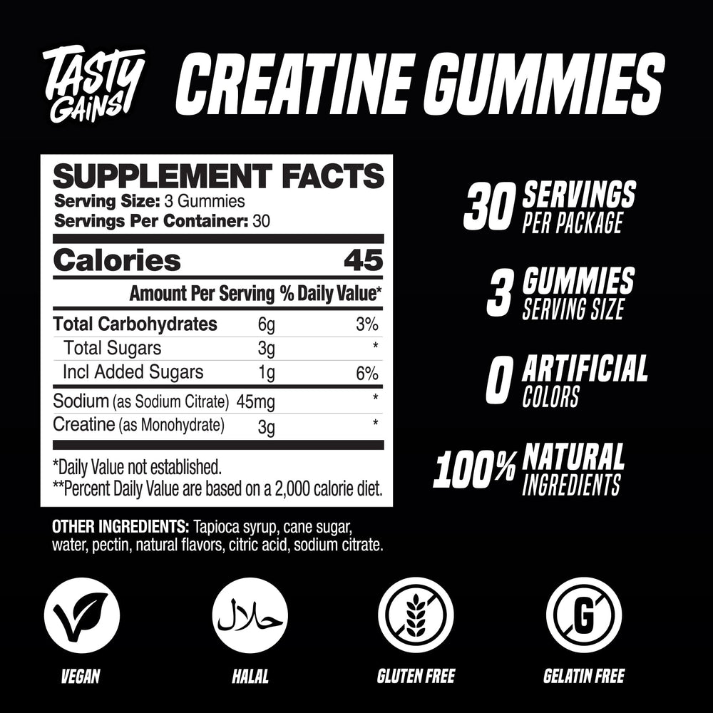 TASTY GAINS etiqueta nutricional ampliada que informa ingredientes y dosis