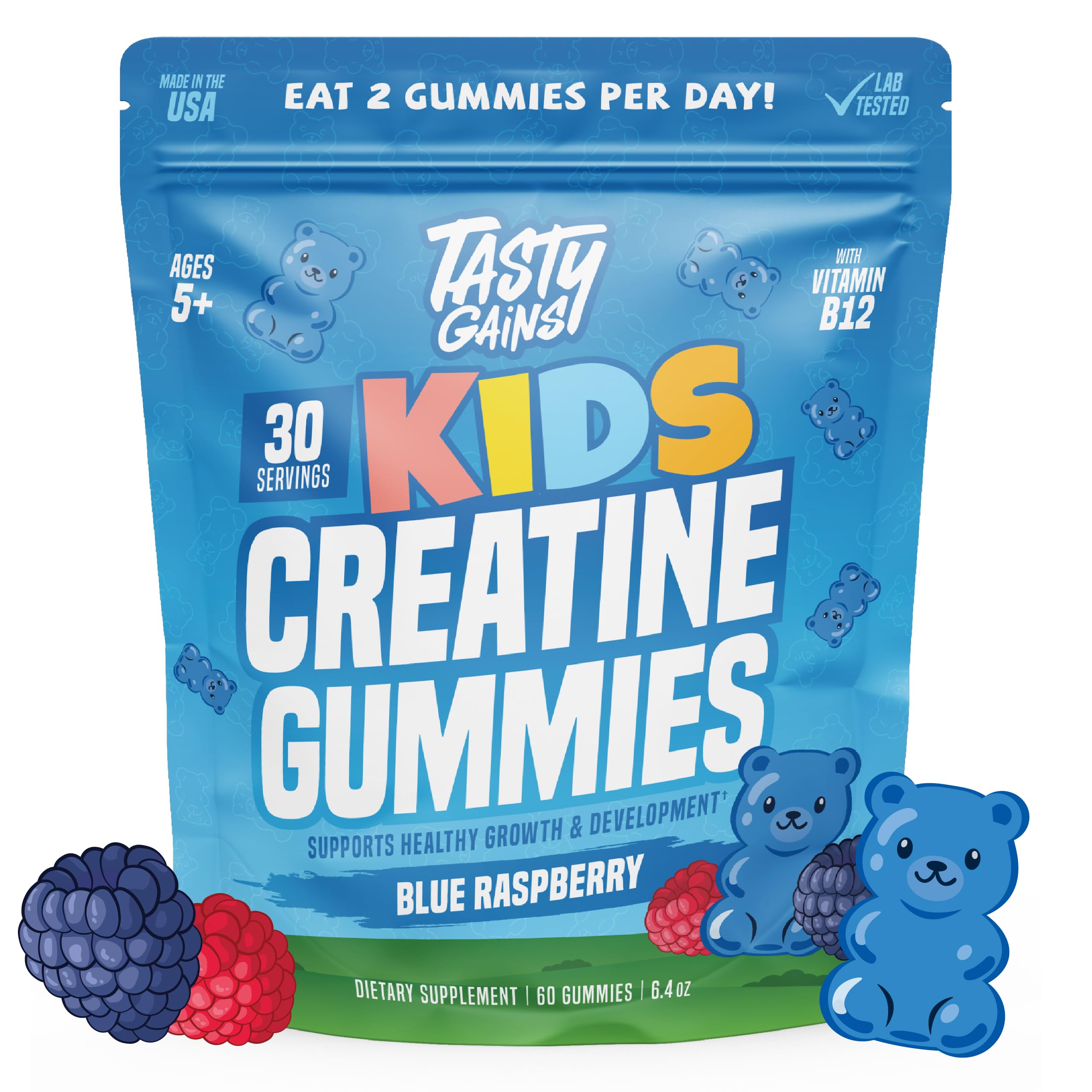 TASTY GAINS frasco frontal mostrando 60 gomitas y conveniencia