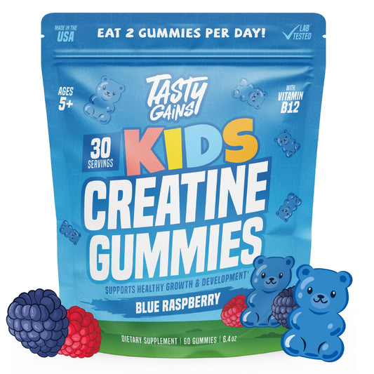 TASTY GAINS frasco frontal mostrando 60 gomitas y conveniencia