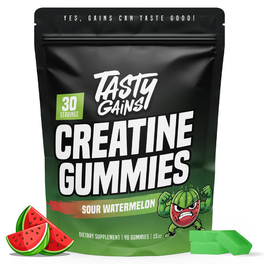TASTY GAINS frasco frontal sabor sour watermelon mostrando diseño y conveniencia